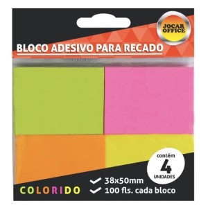 BLOCO ADESIVO PARA RECADO 38X50MM COLORIDO 100FLS JOCAR OFFICE