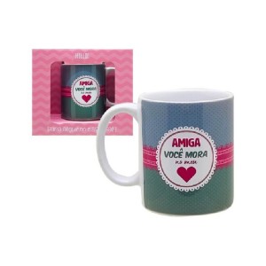 CANECA CERÂMICA AMIGA VC MORA NO MEU CORAÇÃO 330ML GOLDEN MAYA