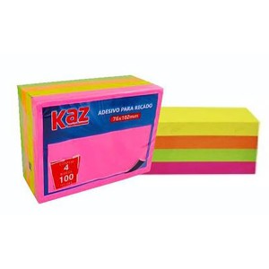 BLOCO ADESIVO PARA RECADO NEON 4 BLC C/ 100 FLS 76X102MM KAZ